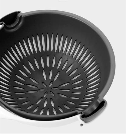Multifunctional Kitchen Vegetable and Fruit Shredder, Grater, and Slicer with 9-Item Rotating Cutter and Integrated Drain Basket