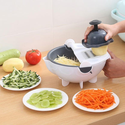 Multifunctional Kitchen Vegetable and Fruit Shredder, Grater, and Slicer with 9-Item Rotating Cutter and Integrated Drain Basket