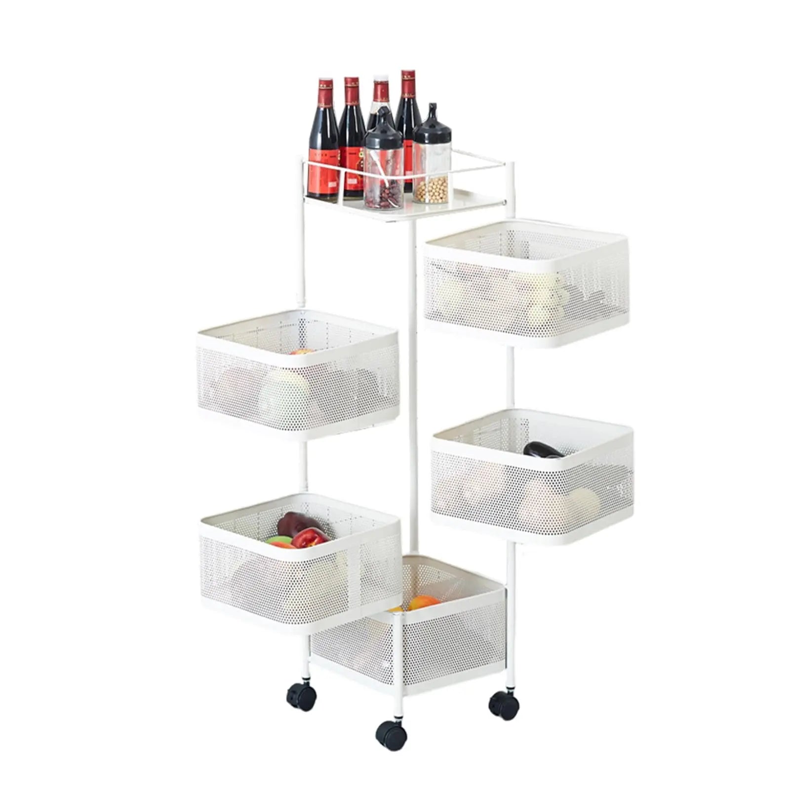 Maximize Your Space with the 5-Tier Rotating Storage Cart - Durable Carbon Steel Wire Shelving Unit with Lockable Wheels for Effortless Kitchen, Pantry, and Bathroom Organization - Foldable & No Assembly Needed!