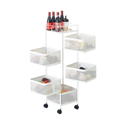 Maximize Your Space with the 5-Tier Rotating Storage Cart - Durable Carbon Steel Wire Shelving Unit with Lockable Wheels for Effortless Kitchen, Pantry, and Bathroom Organization - Foldable & No Assembly Needed!