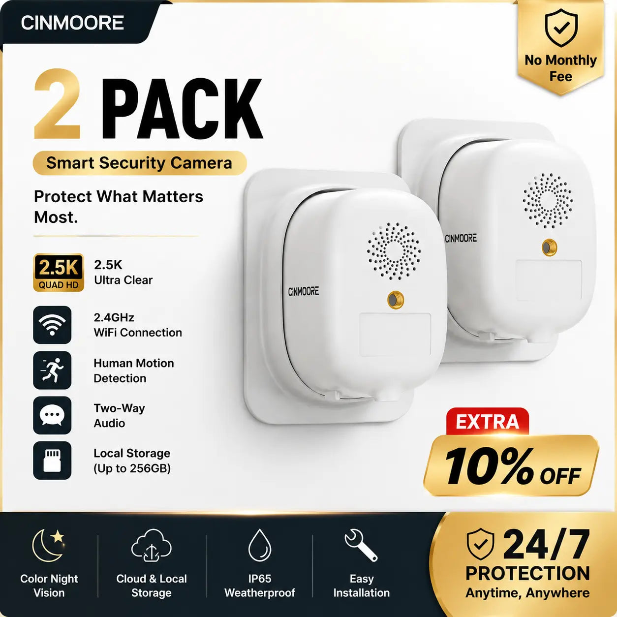 CINMOORE 2.5K Wireless Weatherproof Security Camera - AI Motion Detection, Color Night Vision & Rechargeable Battery for Ultimate Home Surveillance