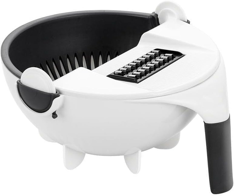 Multifunctional Kitchen Vegetable and Fruit Shredder, Grater, and Slicer with 9-Item Rotating Cutter and Integrated Drain Basket