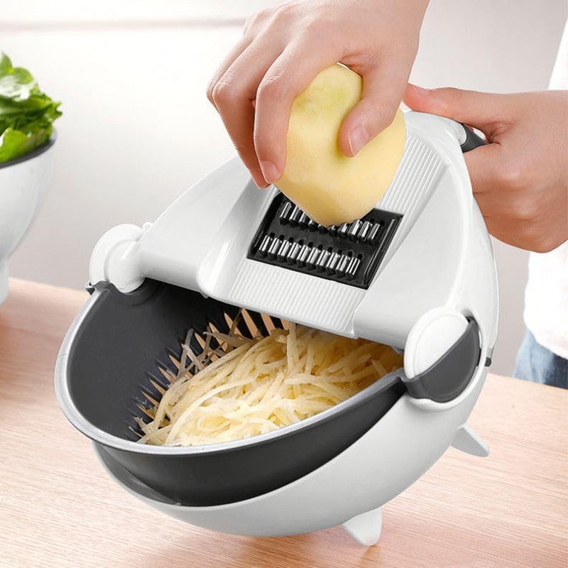 Multifunctional Kitchen Vegetable and Fruit Shredder, Grater, and Slicer with 9-Item Rotating Cutter and Integrated Drain Basket