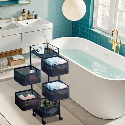 Maximize Your Space with the 5-Tier Rotating Storage Cart - Durable Carbon Steel Wire Shelving Unit with Lockable Wheels for Effortless Kitchen, Pantry, and Bathroom Organization - Foldable & No Assembly Needed!