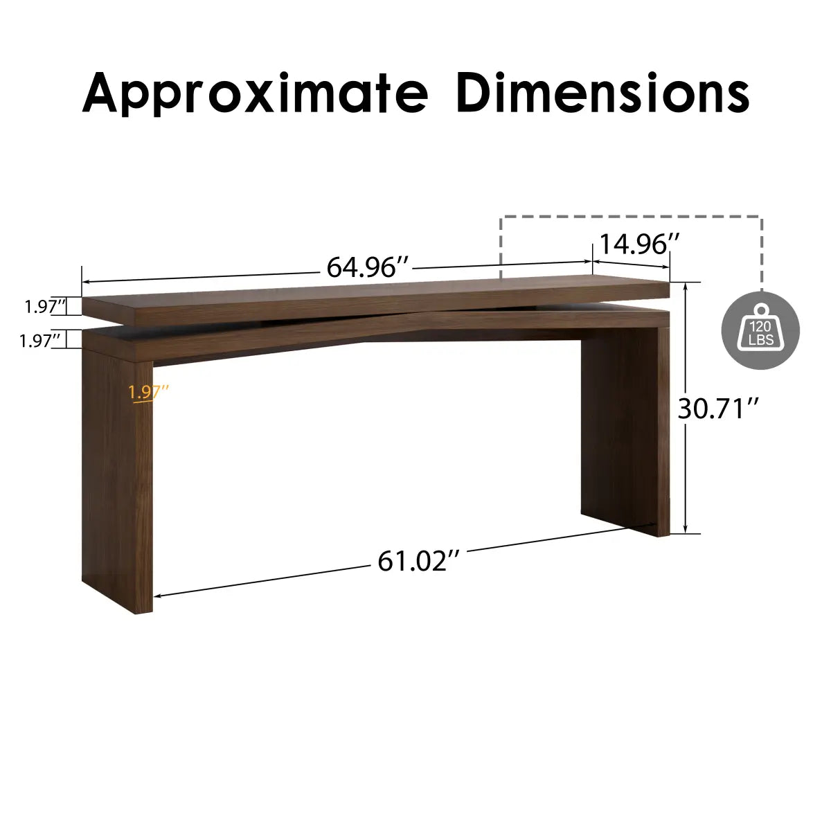 Rustic 65" Solid Wood Veneer Farmhouse Console Table - Sturdy Split Sled Base for Entryway & Living Room