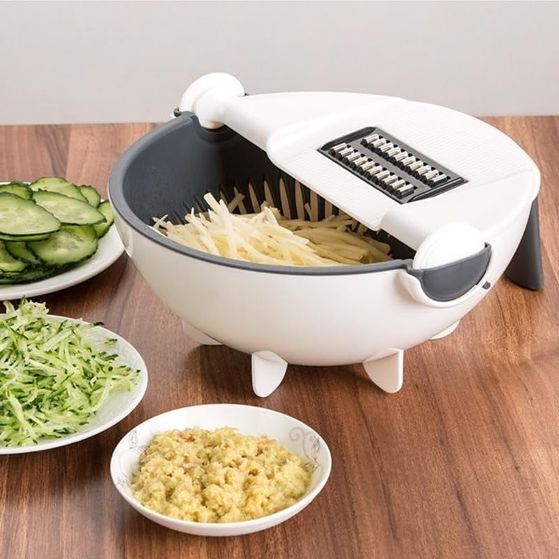 Multifunctional Kitchen Vegetable and Fruit Shredder, Grater, and Slicer with 9-Item Rotating Cutter and Integrated Drain Basket