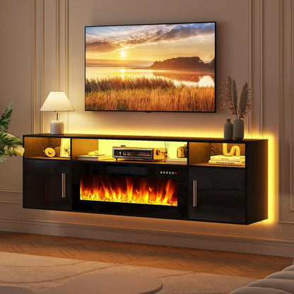 PUKAMI 70" Modern Wall-Mount Floating Fireplace TV Stand - Stylish LED Entertainment Center with 12 Flame Colors & Smart Wire Management for Contemporary Living Rooms