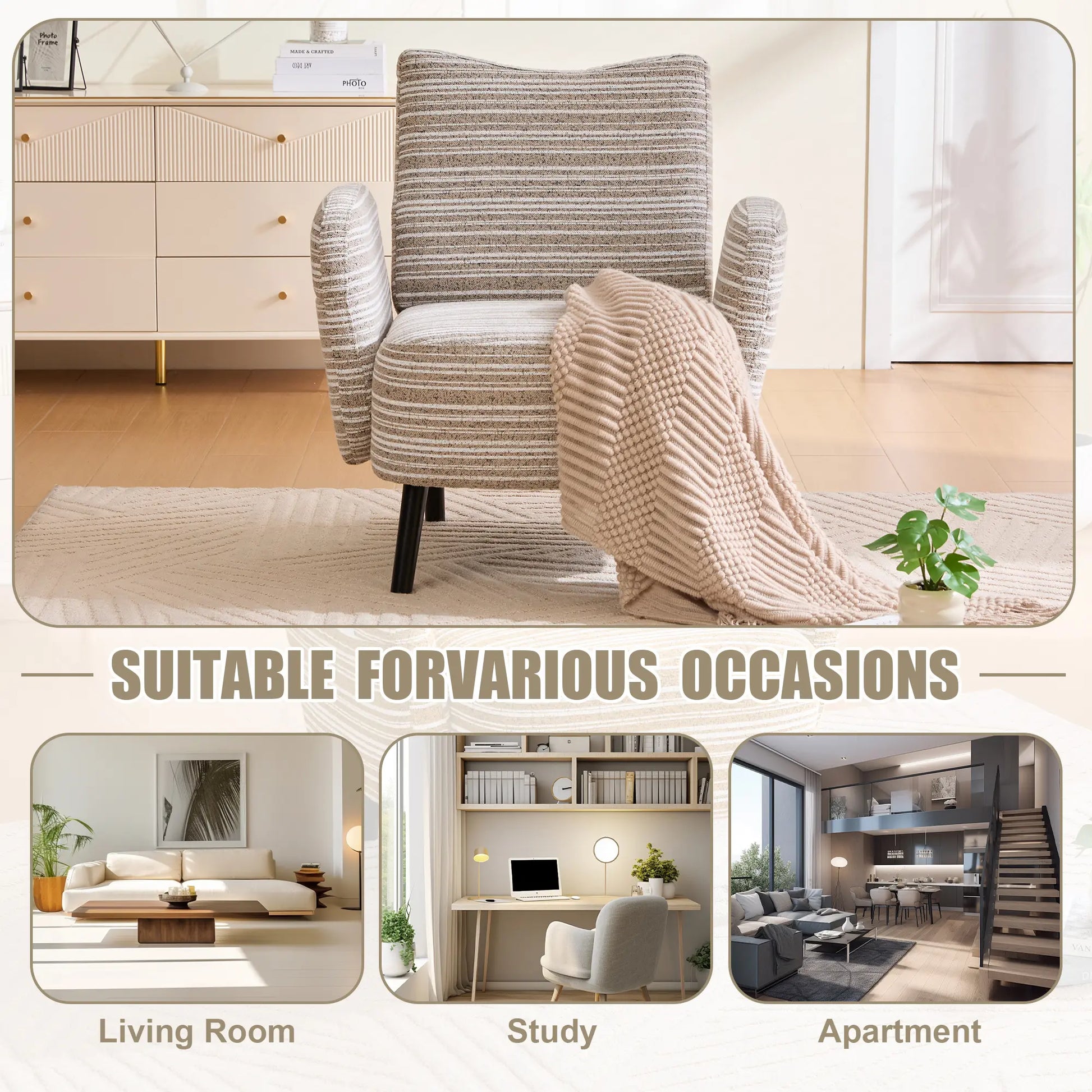 Chic Boucle Fabric Armchair with Convenient Side Pockets and Sturdy Wood Legs - Ideal for Living Room and Bedroom Comfort