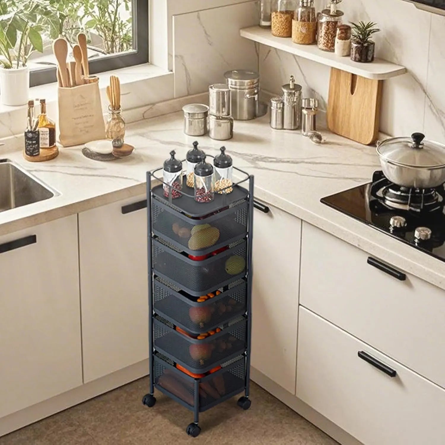 Maximize Your Space with the 5-Tier Rotating Storage Cart - Durable Carbon Steel Wire Shelving Unit with Lockable Wheels for Effortless Kitchen, Pantry, and Bathroom Organization - Foldable & No Assembly Needed!