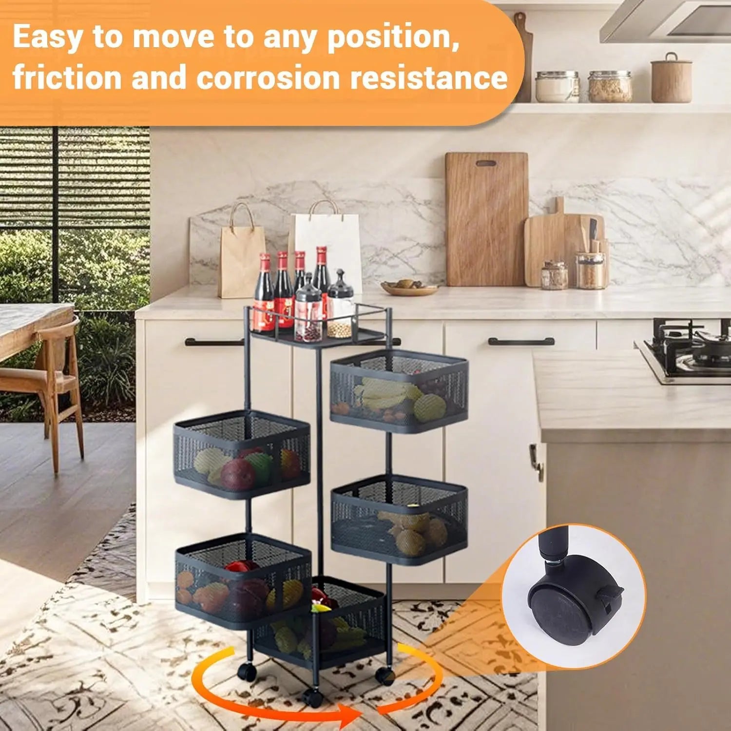 Maximize Your Space with the 5-Tier Rotating Storage Cart - Durable Carbon Steel Wire Shelving Unit with Lockable Wheels for Effortless Kitchen, Pantry, and Bathroom Organization - Foldable & No Assembly Needed!