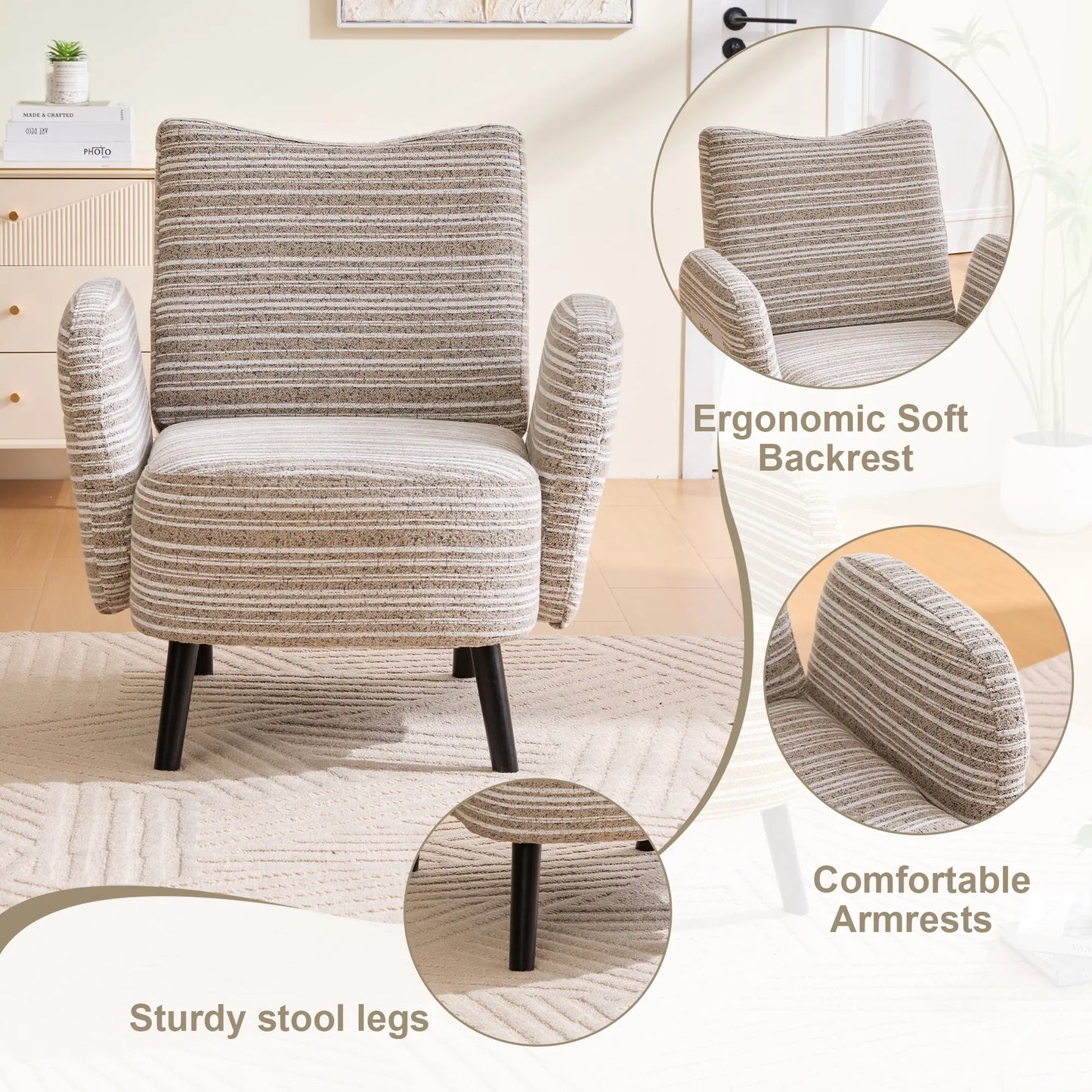 Chic Boucle Fabric Armchair with Convenient Side Pockets and Sturdy Wood Legs - Ideal for Living Room and Bedroom Comfort