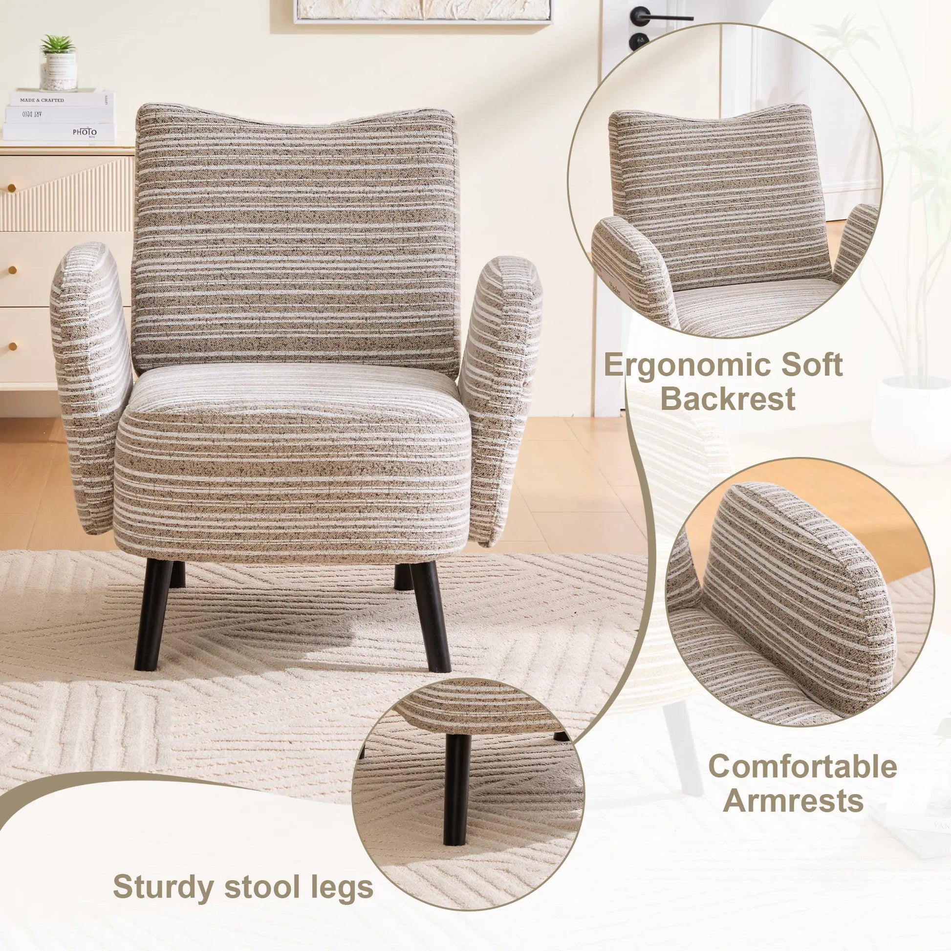 Chic Boucle Fabric Armchair with Convenient Side Pockets and Sturdy Wood Legs - Ideal for Living Room and Bedroom Comfort