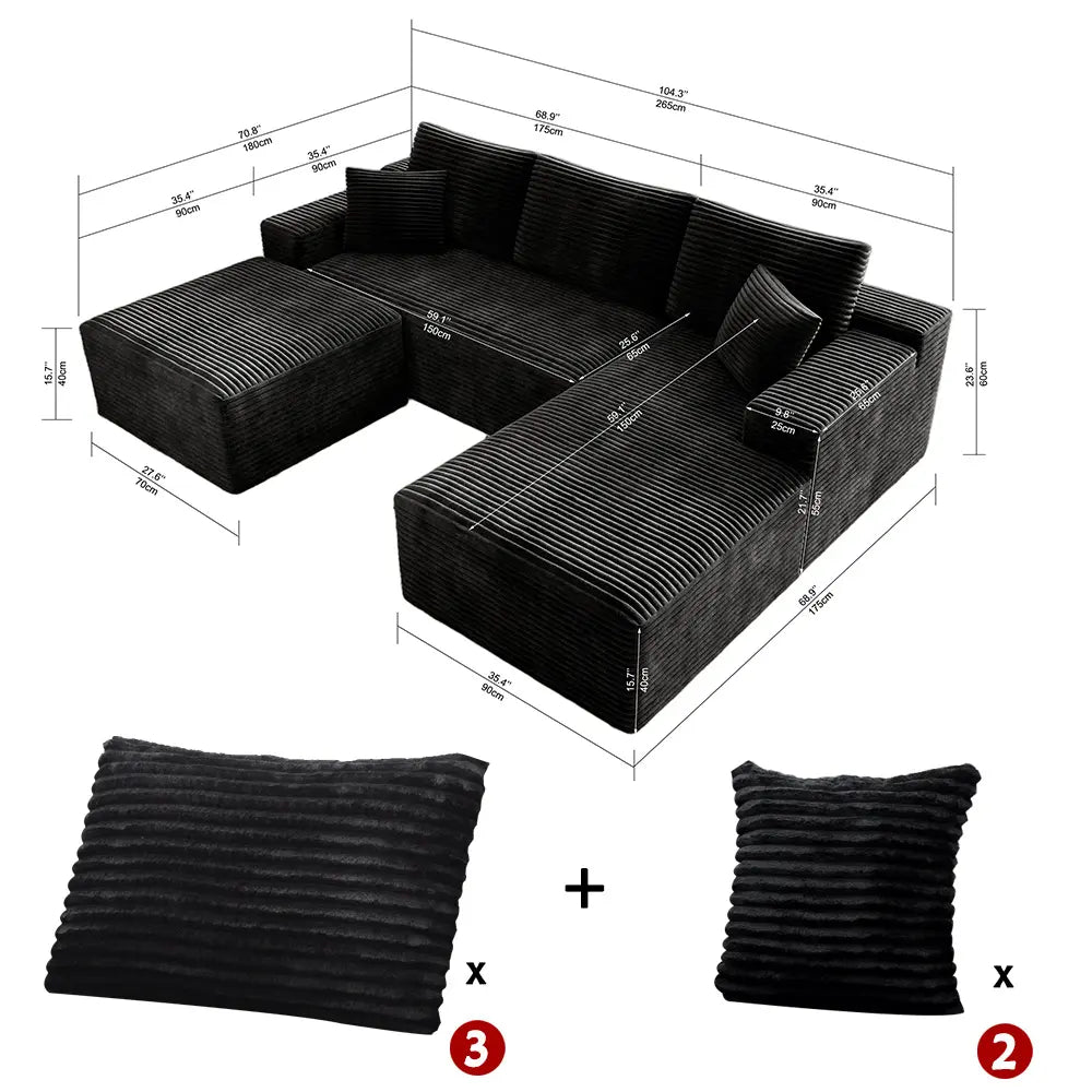 Luxurious 104" Modular U-Shaped Cloud Couch with Chaise Lounge & Ottoman - Ultimate Deep Seat Comfort in Soft Corduroy, No Assembly Required