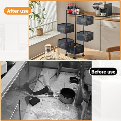 Maximize Your Space with the 5-Tier Rotating Storage Cart - Durable Carbon Steel Wire Shelving Unit with Lockable Wheels for Effortless Kitchen, Pantry, and Bathroom Organization - Foldable & No Assembly Needed!
