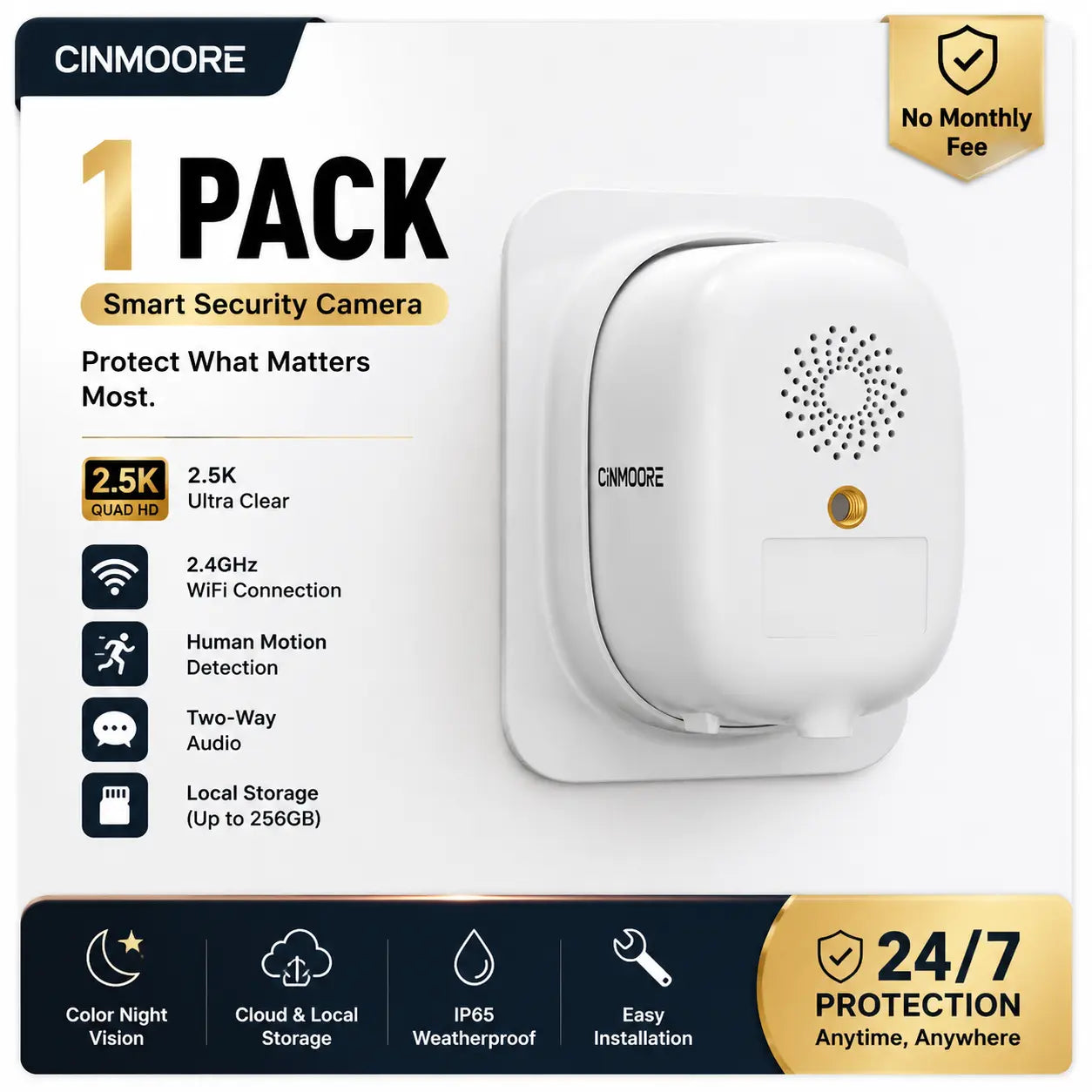CINMOORE 2.5K Wireless Weatherproof Security Camera - AI Motion Detection, Color Night Vision & Rechargeable Battery for Ultimate Home Surveillance