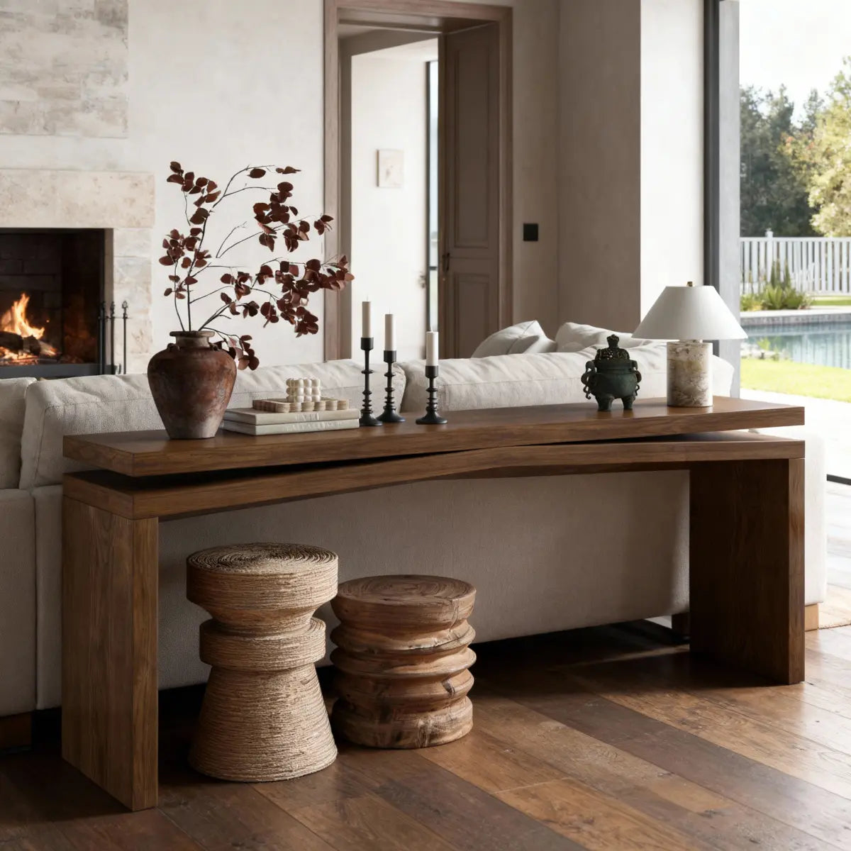 Rustic 65" Solid Wood Veneer Farmhouse Console Table - Sturdy Split Sled Base for Entryway & Living Room