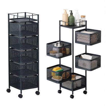 Maximize Your Space with the 5-Tier Rotating Storage Cart - Durable Carbon Steel Wire Shelving Unit with Lockable Wheels for Effortless Kitchen, Pantry, and Bathroom Organization - Foldable & No Assembly Needed!