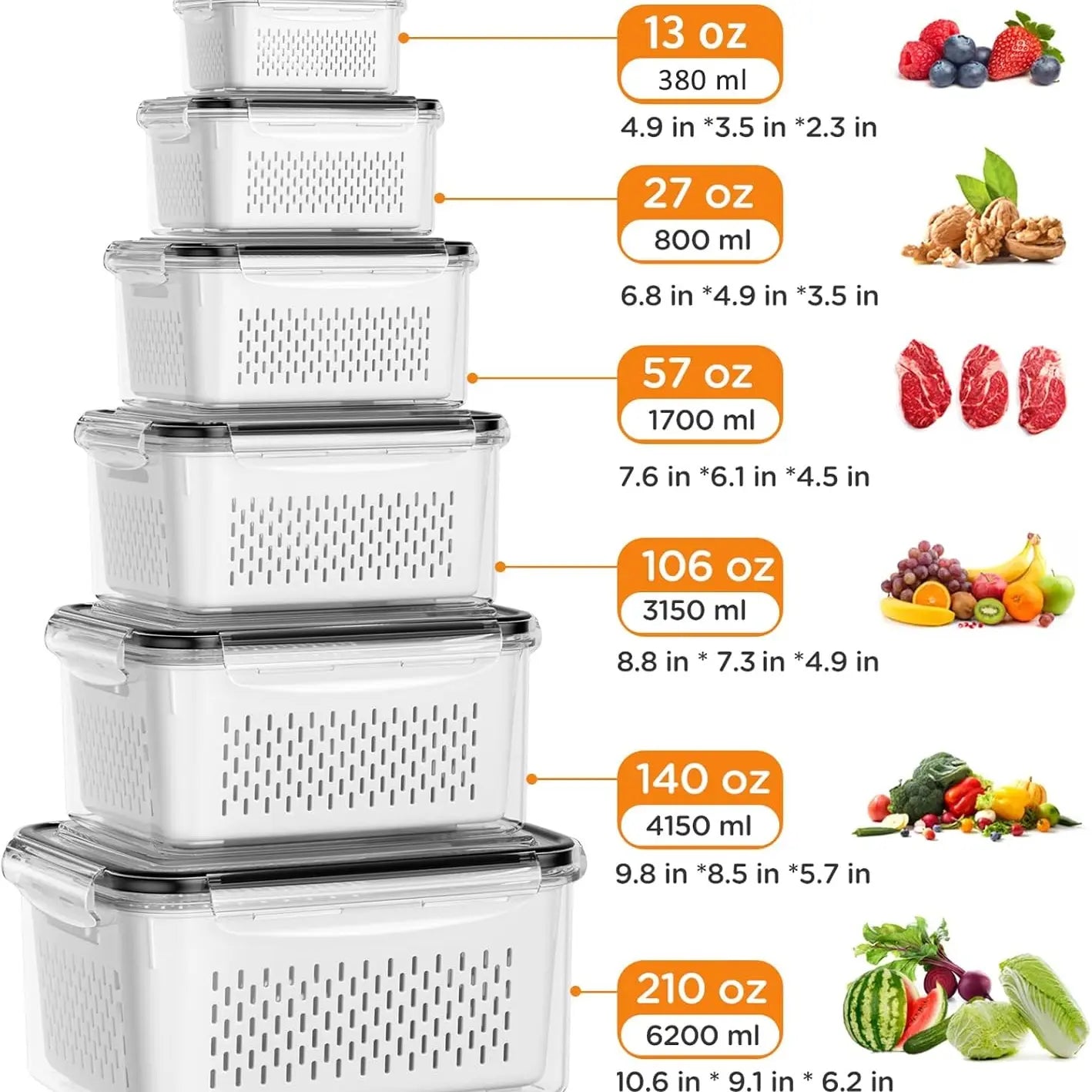 Ultimate Stackable Fruit & Vegetable Storage Containers - BPA-Free, Airtight with Removable Colander - Perfect for Freshness & Organization - Available in 8, 10, or 12 Piece Sets