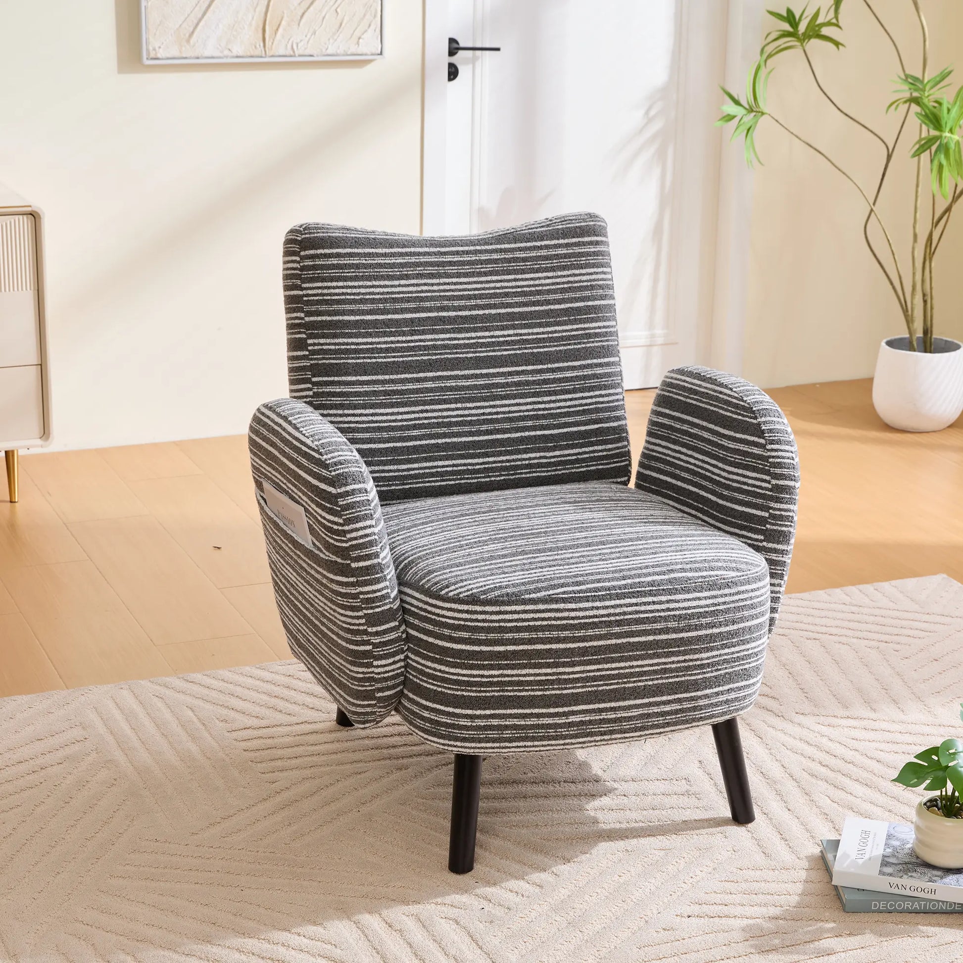 Chic Boucle Fabric Armchair with Convenient Side Pockets and Sturdy Wood Legs - Ideal for Living Room and Bedroom Comfort