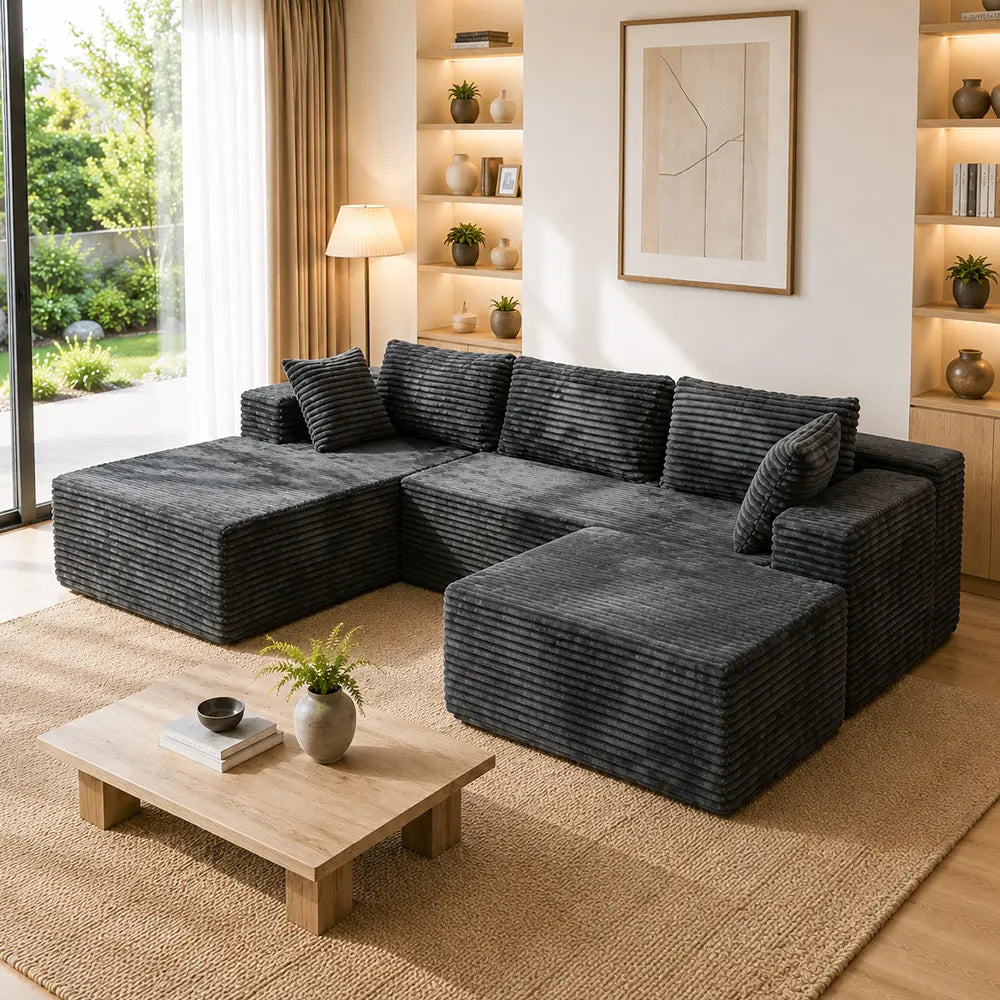 Luxurious 104" Modular U-Shaped Cloud Couch with Chaise Lounge & Ottoman - Ultimate Deep Seat Comfort in Soft Corduroy, No Assembly Required