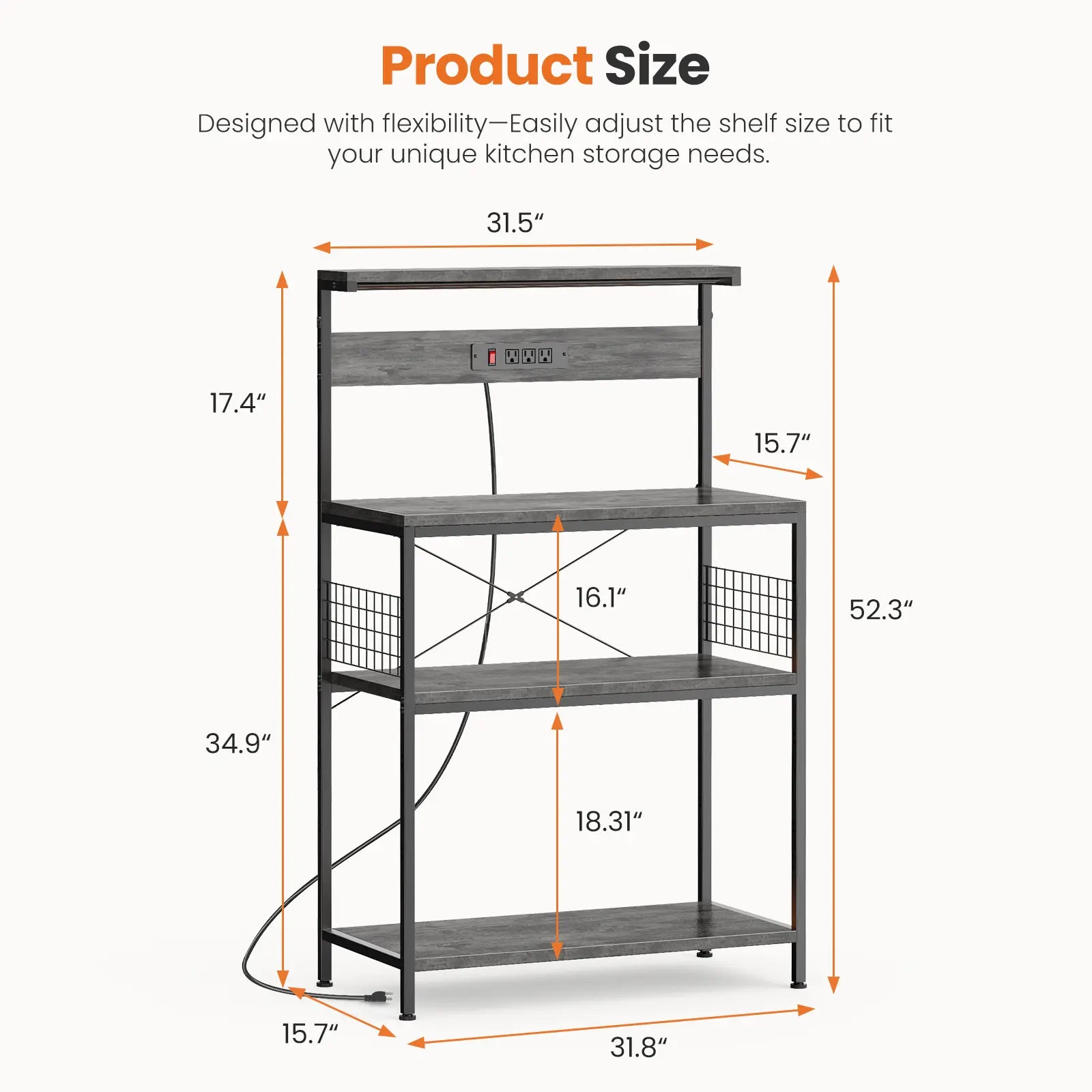 Versatile 4-Tier Kitchen Baker's Rack with Power Outlet, Adjustable Shelves, and Side Storage Baskets - Perfect Microwave Stand with Anti-Tip Safety Feature