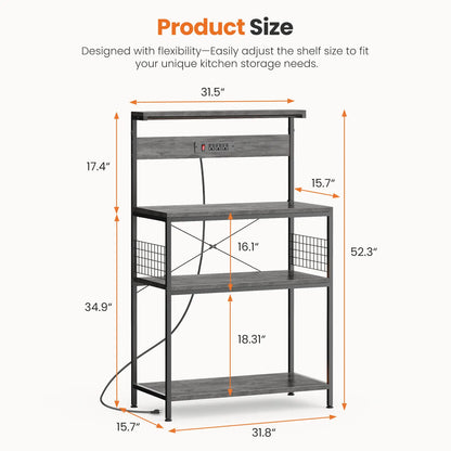 Versatile 4-Tier Kitchen Baker's Rack with Power Outlet, Adjustable Shelves, and Side Storage Baskets - Perfect Microwave Stand with Anti-Tip Safety Feature