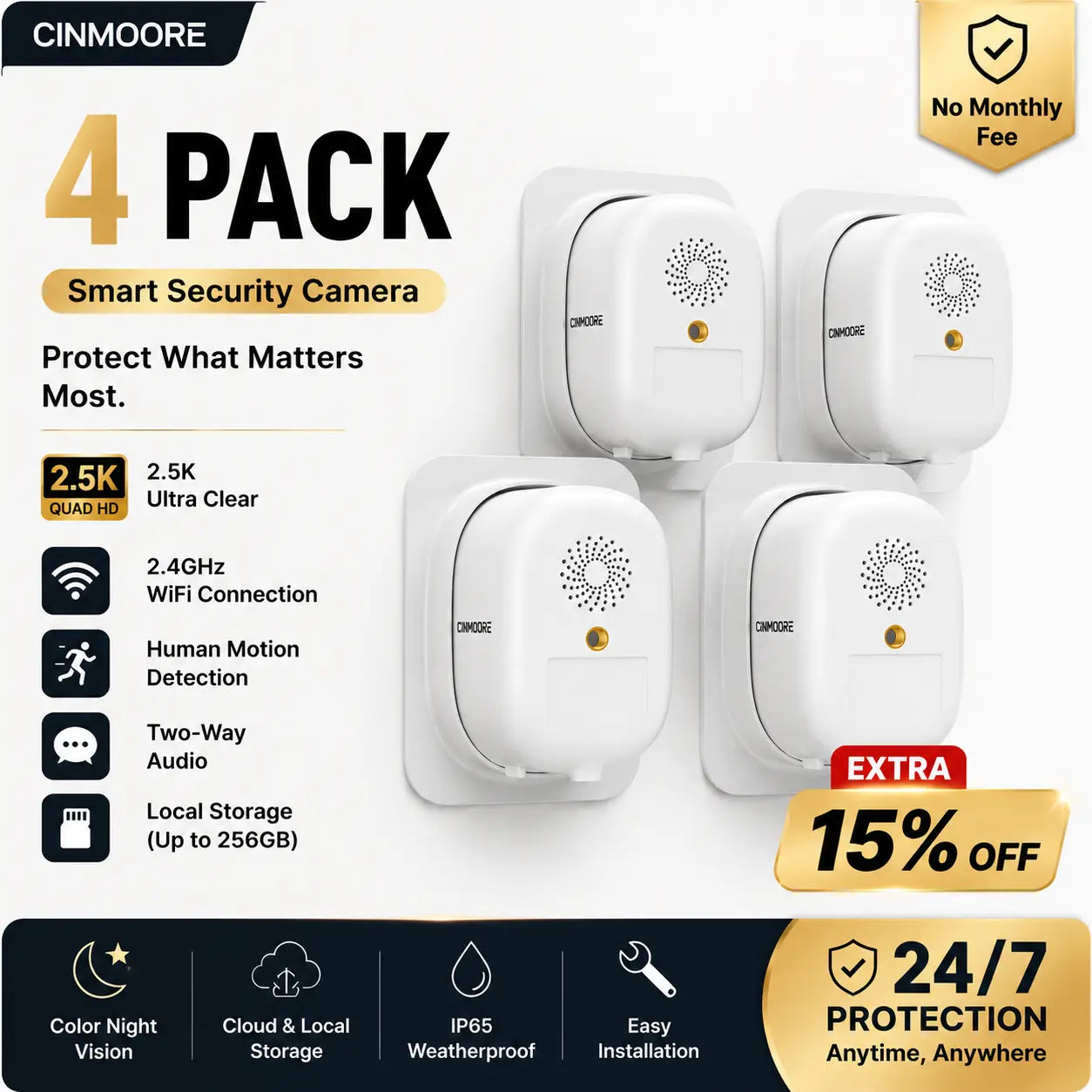 CINMOORE 2.5K Wireless Weatherproof Security Camera - AI Motion Detection, Color Night Vision & Rechargeable Battery for Ultimate Home Surveillance