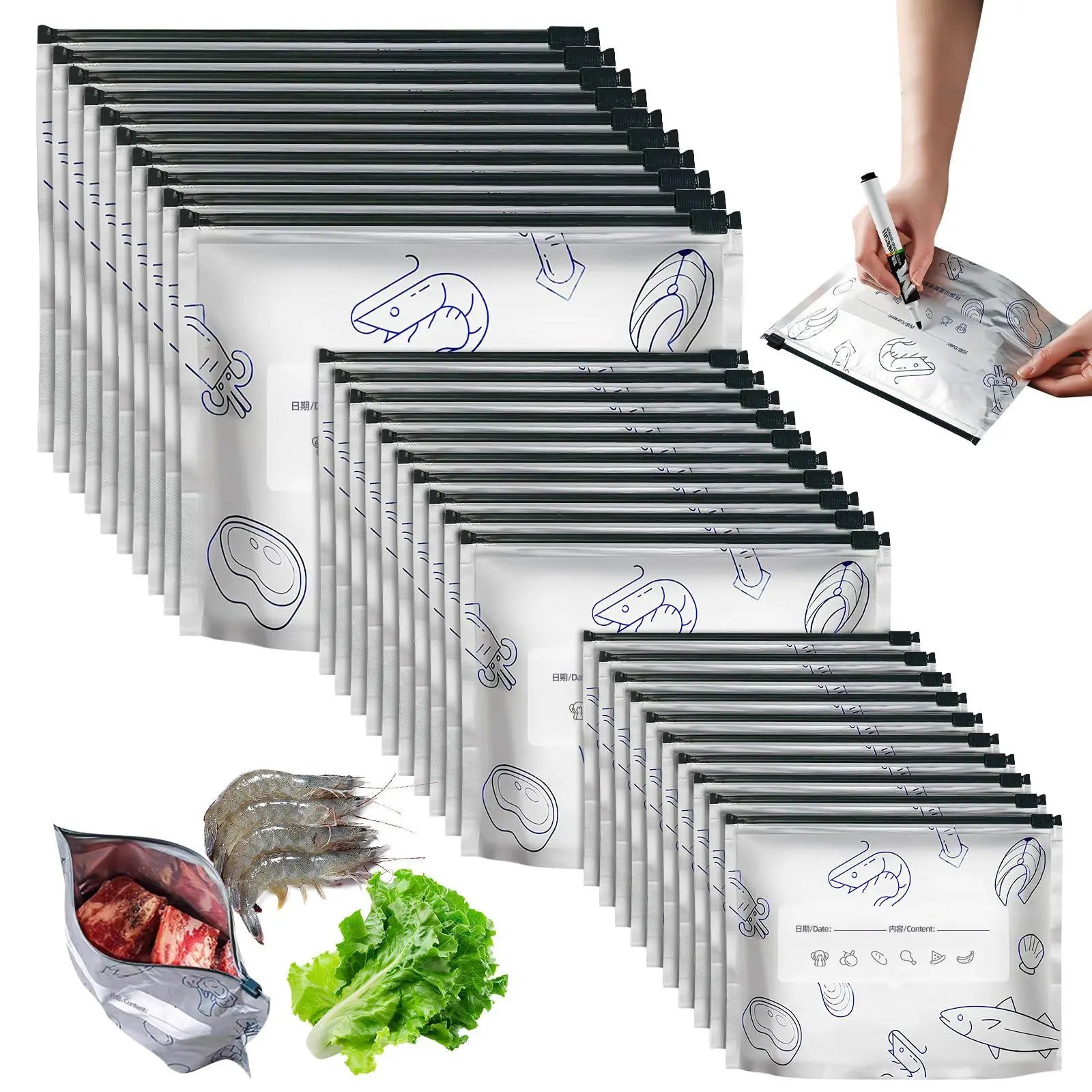 Eco-Friendly Reusable Aluminum Foil Freezer Bags - Leakproof, BPA-Free Ziplock Storage with Write-On Labels & Trendy Anatomy Doll for Effortless Meal Prep and Organization