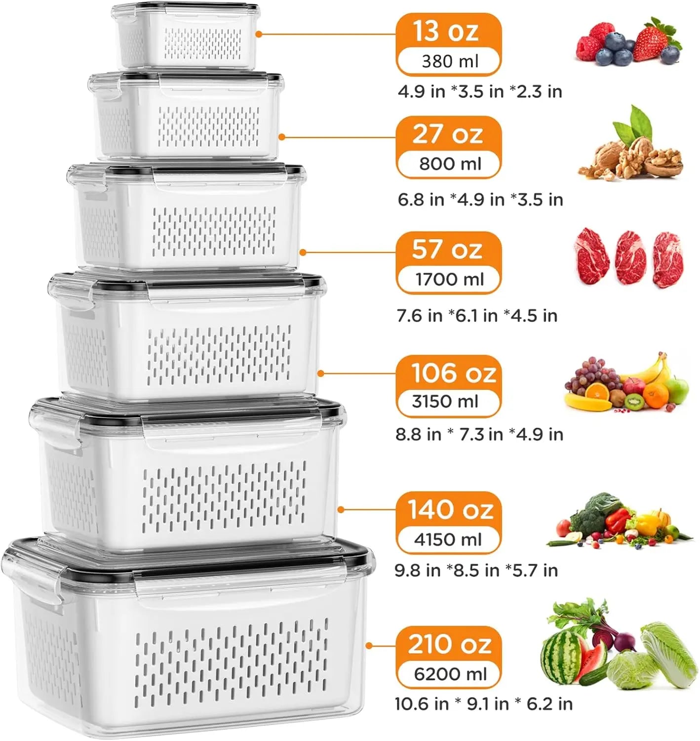 Ultimate Stackable Fruit & Vegetable Storage Containers - BPA-Free, Airtight with Removable Colander - Perfect for Freshness & Organization - Available in 8, 10, or 12 Piece Sets