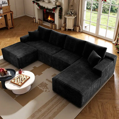 Luxurious 104" Modular U-Shaped Cloud Couch with Chaise Lounge & Ottoman - Ultimate Deep Seat Comfort in Soft Corduroy, No Assembly Required