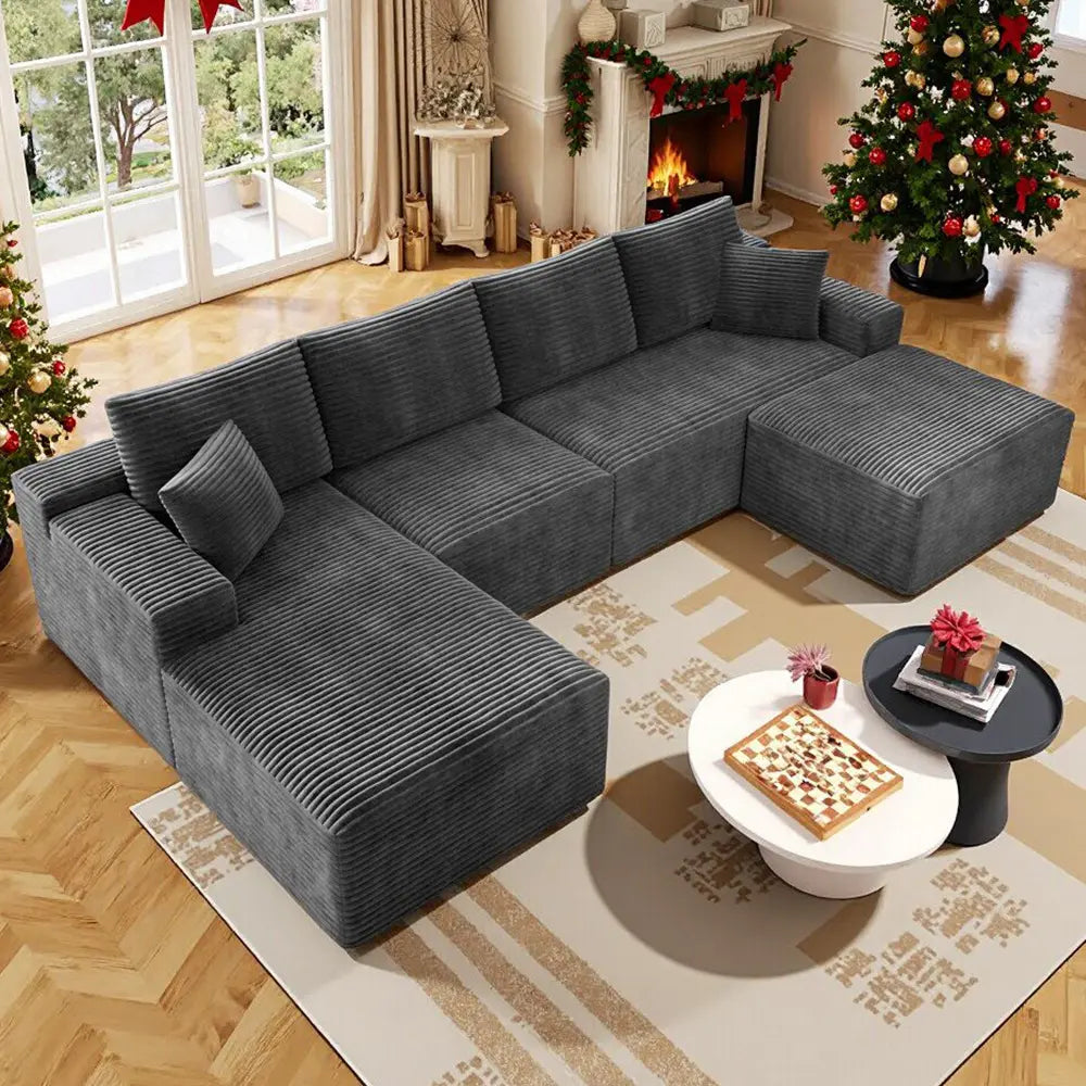 Luxurious 104" Modular U-Shaped Cloud Couch with Chaise Lounge & Ottoman - Ultimate Deep Seat Comfort in Soft Corduroy, No Assembly Required
