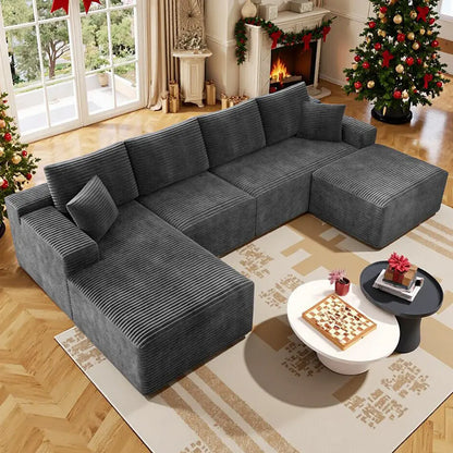 Luxurious 104" Modular U-Shaped Cloud Couch with Chaise Lounge & Ottoman - Ultimate Deep Seat Comfort in Soft Corduroy, No Assembly Required
