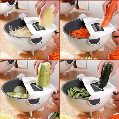 Multifunctional Kitchen Vegetable and Fruit Shredder, Grater, and Slicer with 9-Item Rotating Cutter and Integrated Drain Basket