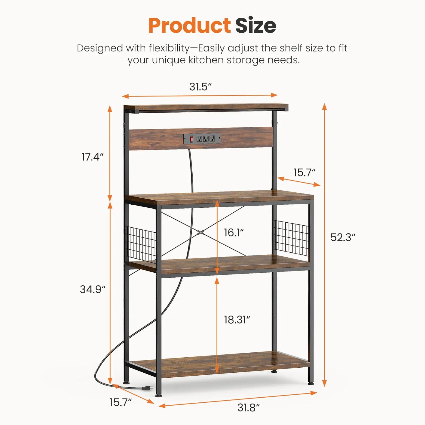 Versatile 4-Tier Kitchen Baker's Rack with Power Outlet, Adjustable Shelves, and Side Storage Baskets - Perfect Microwave Stand with Anti-Tip Safety Feature