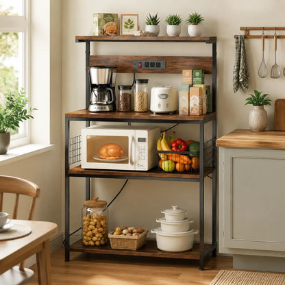 Versatile 4-Tier Kitchen Baker's Rack with Power Outlet, Adjustable Shelves, and Side Storage Baskets - Perfect Microwave Stand with Anti-Tip Safety Feature
