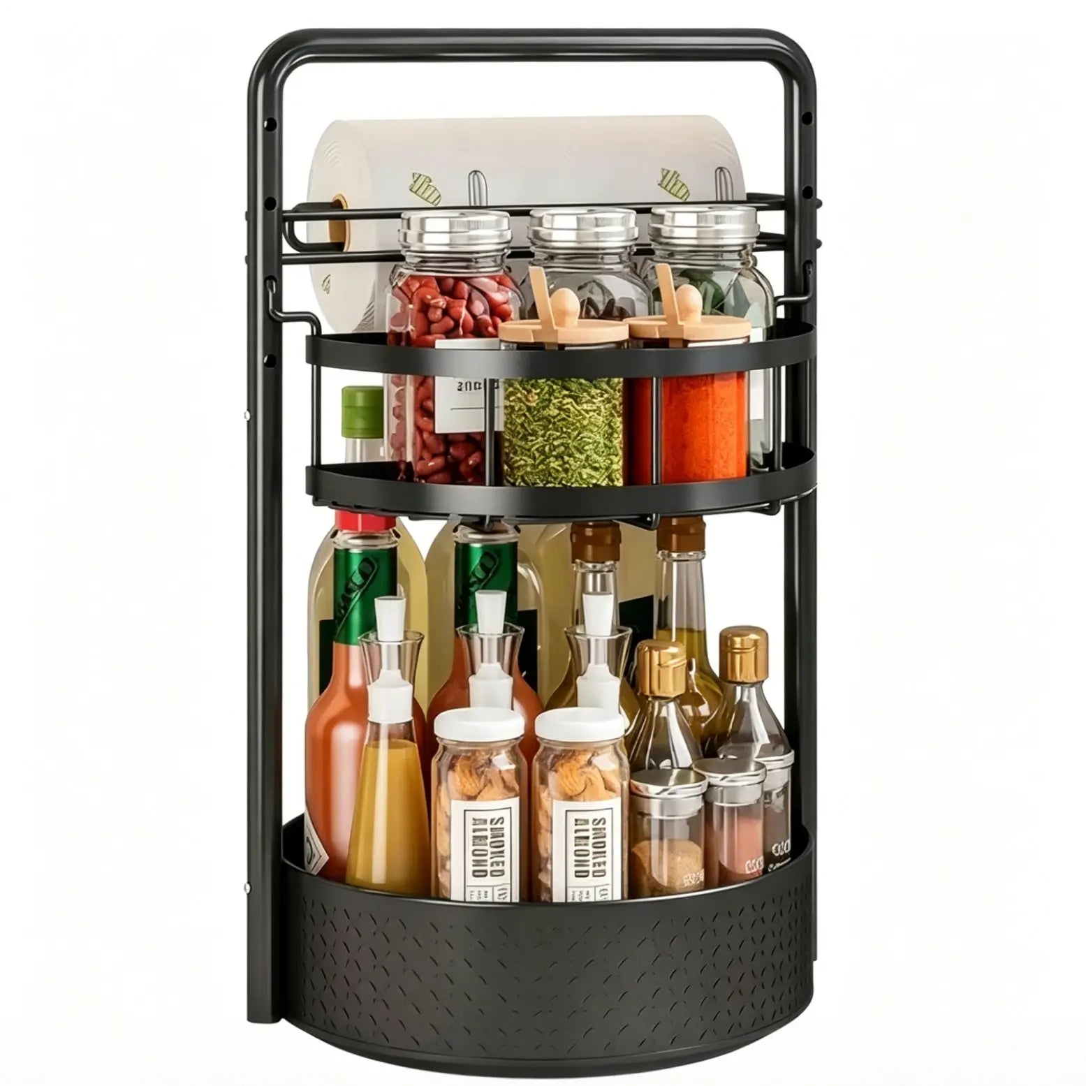 Revolve & Organize: 2-Tier 360° Spice Rack with Heavy-Duty Metal Frame & Convenient Paper Towel Holder - Perfect for Kitchen Countertops & Pantries!