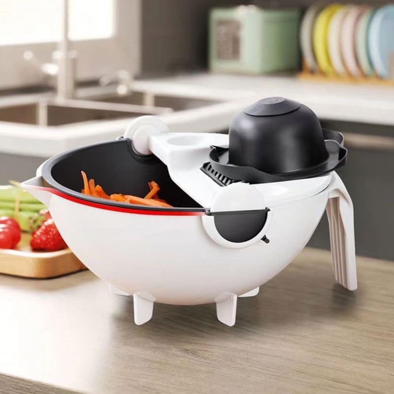 Multifunctional Kitchen Vegetable and Fruit Shredder, Grater, and Slicer with 9-Item Rotating Cutter and Integrated Drain Basket