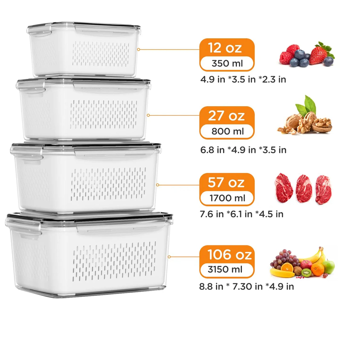 Ultimate Stackable Fruit & Vegetable Storage Containers - BPA-Free, Airtight with Removable Colander - Perfect for Freshness & Organization - Available in 8, 10, or 12 Piece Sets