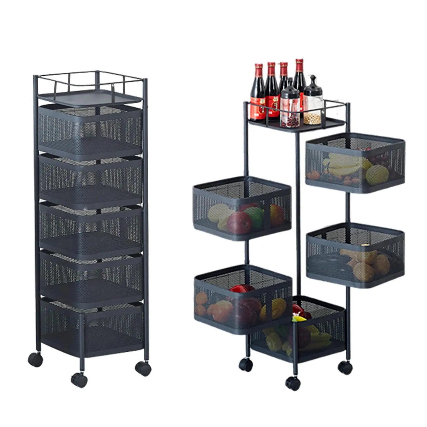 Maximize Your Space with the 5-Tier Rotating Storage Cart - Durable Carbon Steel Wire Shelving Unit with Lockable Wheels for Effortless Kitchen, Pantry, and Bathroom Organization - Foldable & No Assembly Needed!