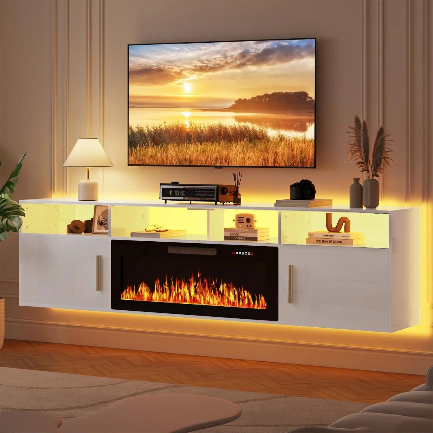 PUKAMI 70" Modern Wall-Mount Floating Fireplace TV Stand - Stylish LED Entertainment Center with 12 Flame Colors & Smart Wire Management for Contemporary Living Rooms