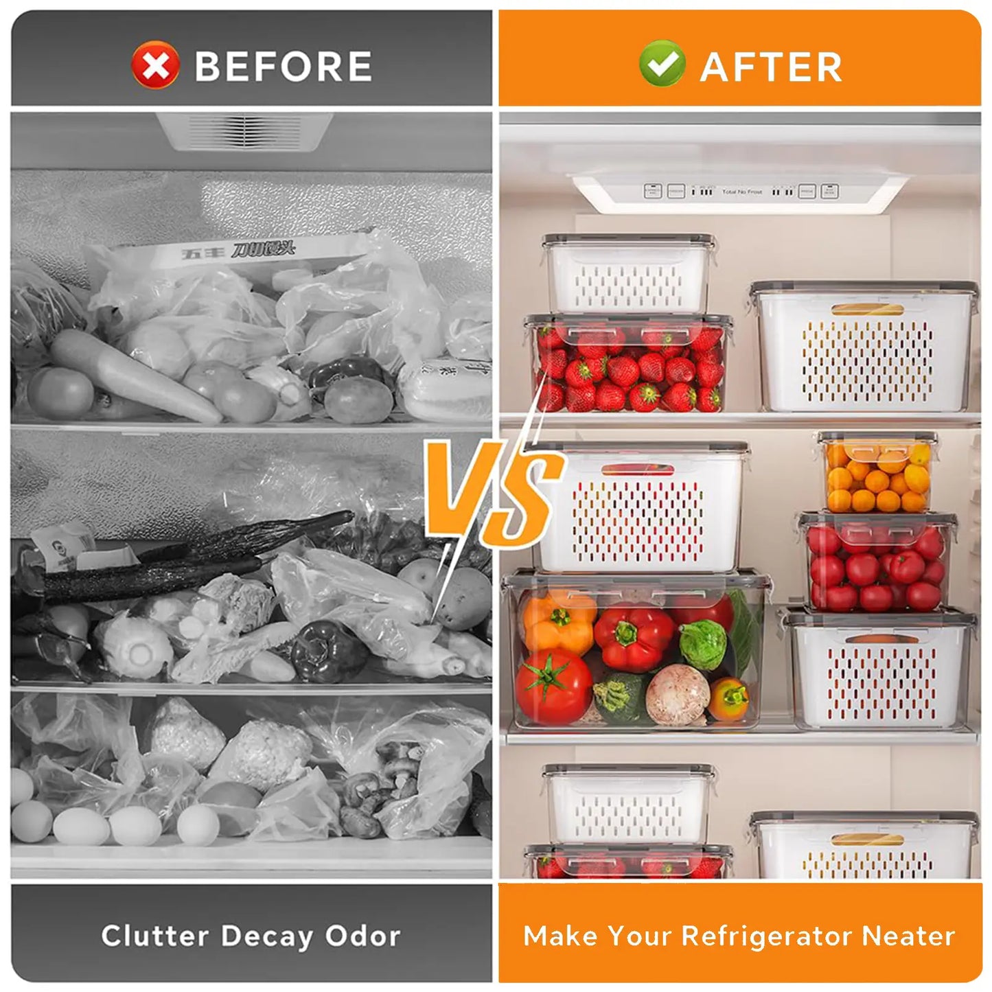 Ultimate Stackable Fruit & Vegetable Storage Containers - BPA-Free, Airtight with Removable Colander - Perfect for Freshness & Organization - Available in 8, 10, or 12 Piece Sets
