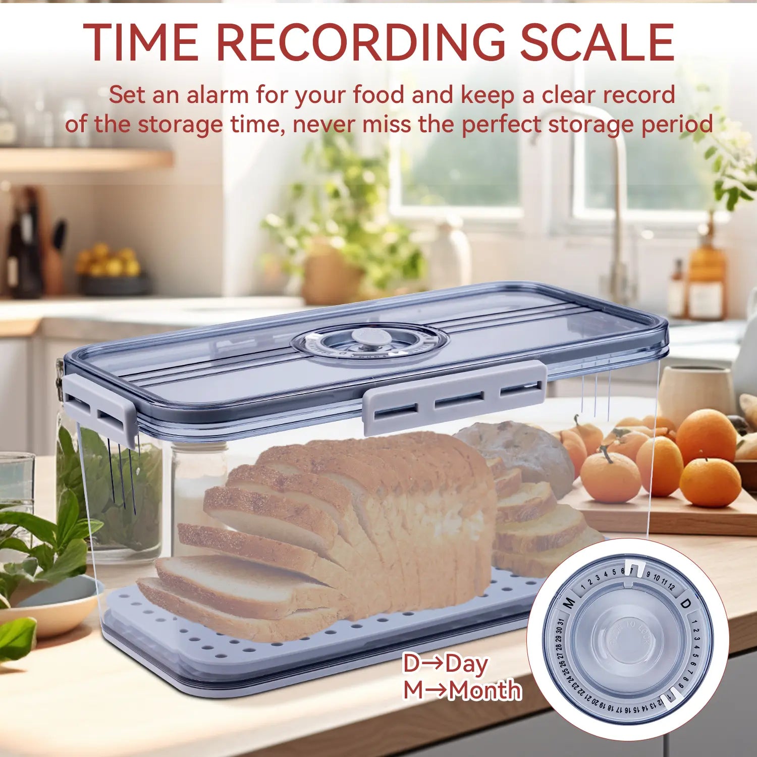 Stylish Sealed Bread Box with Lid - 7.45L Capacity, Time Record Feature, Perfect for Homemade Bread, Bagels, Cookies & More - Gray Kitchen Essential