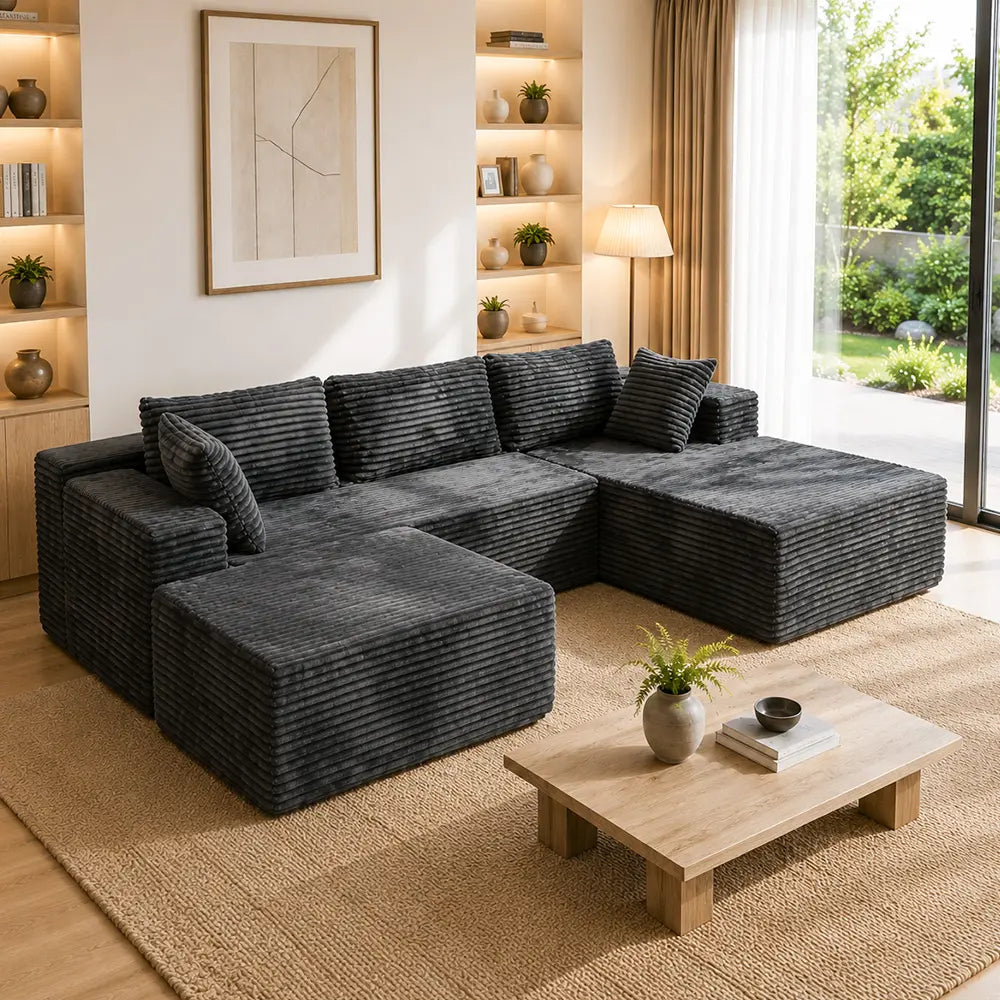 Luxurious 104" Modular U-Shaped Cloud Couch with Chaise Lounge & Ottoman - Ultimate Deep Seat Comfort in Soft Corduroy, No Assembly Required
