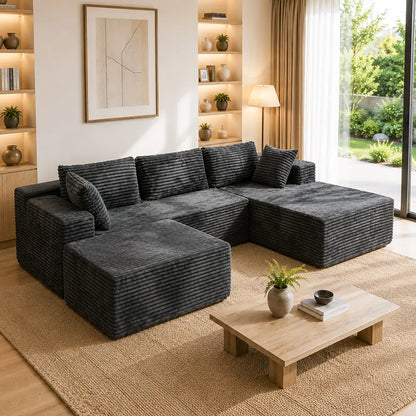 Luxurious 104" Modular U-Shaped Cloud Couch with Chaise Lounge & Ottoman - Ultimate Deep Seat Comfort in Soft Corduroy, No Assembly Required