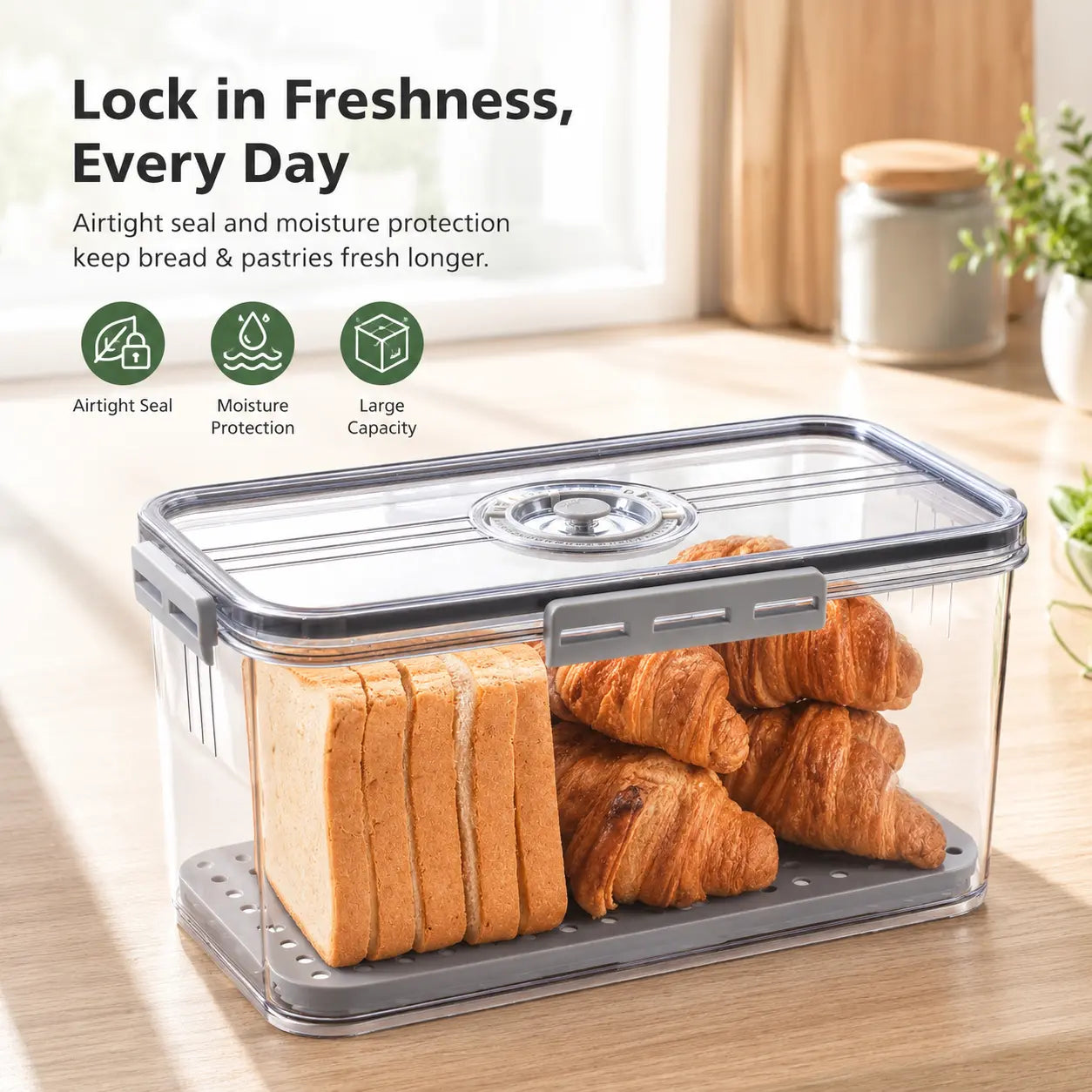 Stylish Sealed Bread Box with Lid - 7.45L Capacity, Time Record Feature, Perfect for Homemade Bread, Bagels, Cookies & More - Gray Kitchen Essential