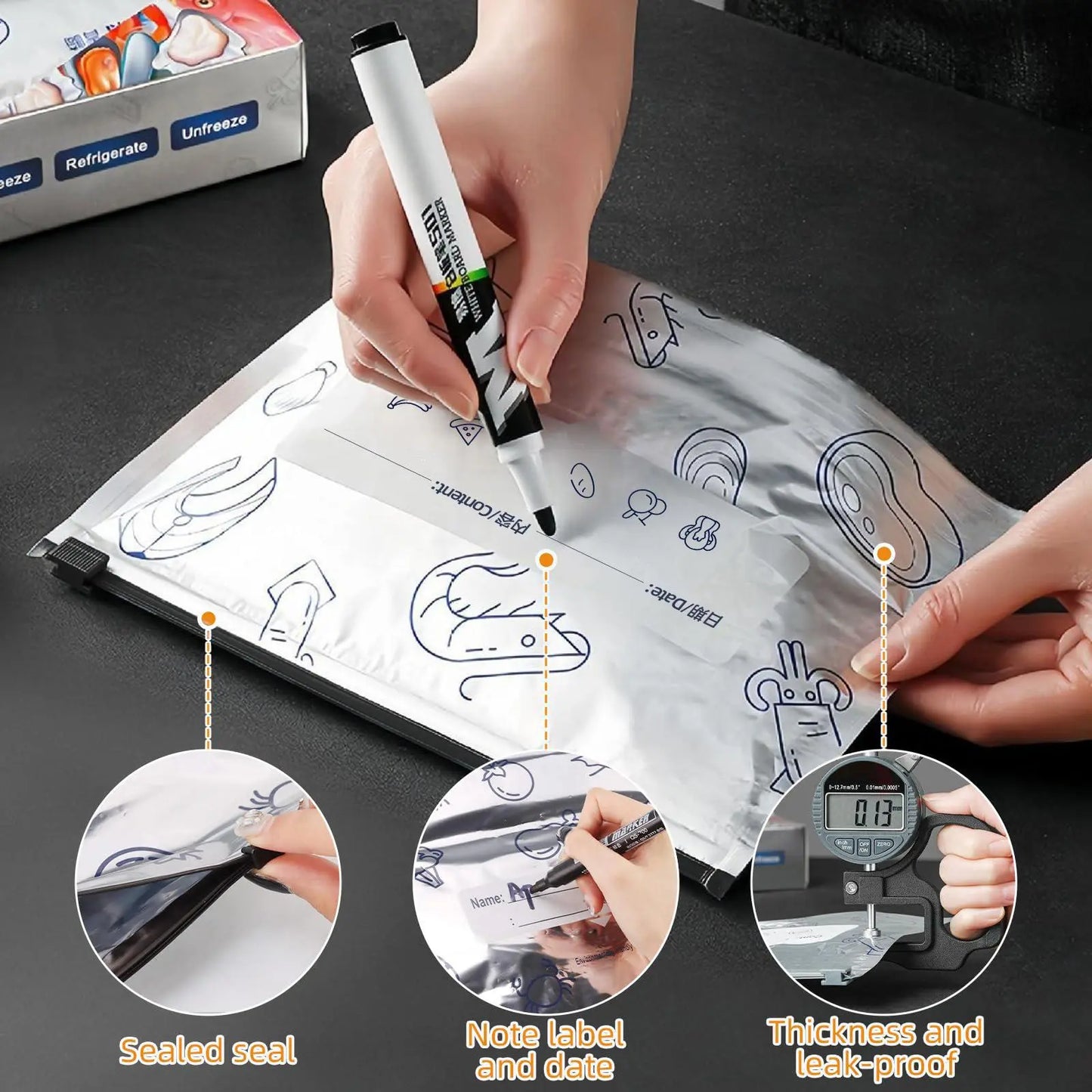 Eco-Friendly Reusable Aluminum Foil Freezer Bags - Leakproof, BPA-Free Ziplock Storage with Write-On Labels & Trendy Anatomy Doll for Effortless Meal Prep and Organization