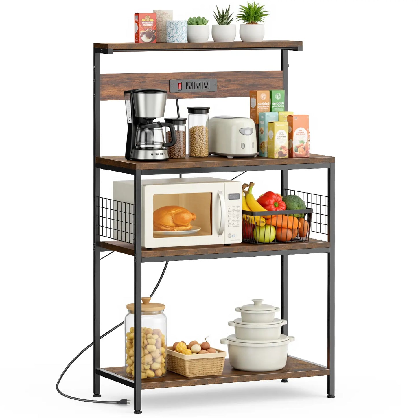 Versatile 4-Tier Kitchen Baker's Rack with Power Outlet, Adjustable Shelves, and Side Storage Baskets - Perfect Microwave Stand with Anti-Tip Safety Feature