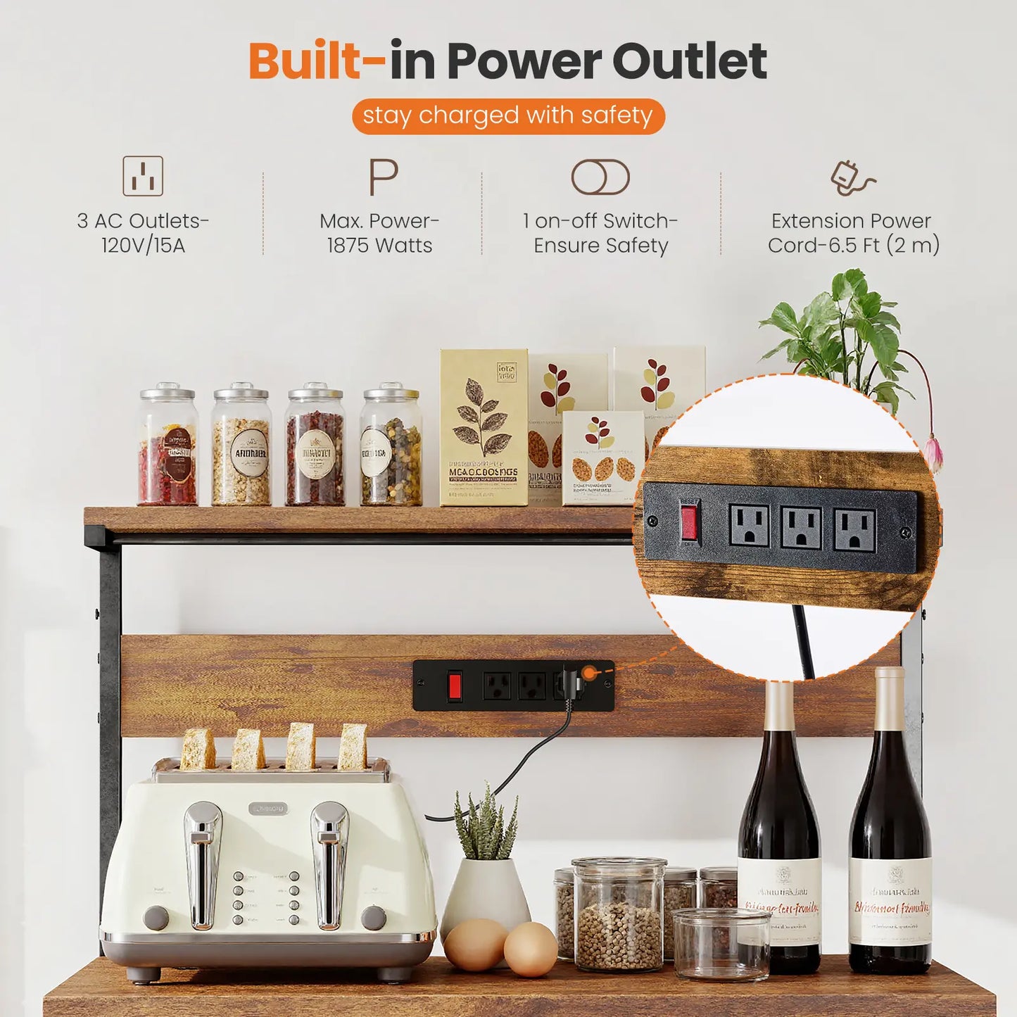 Versatile 4-Tier Kitchen Baker's Rack with Power Outlet, Adjustable Shelves, and Side Storage Baskets - Perfect Microwave Stand with Anti-Tip Safety Feature