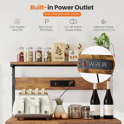 Versatile 4-Tier Kitchen Baker's Rack with Power Outlet, Adjustable Shelves, and Side Storage Baskets - Perfect Microwave Stand with Anti-Tip Safety Feature