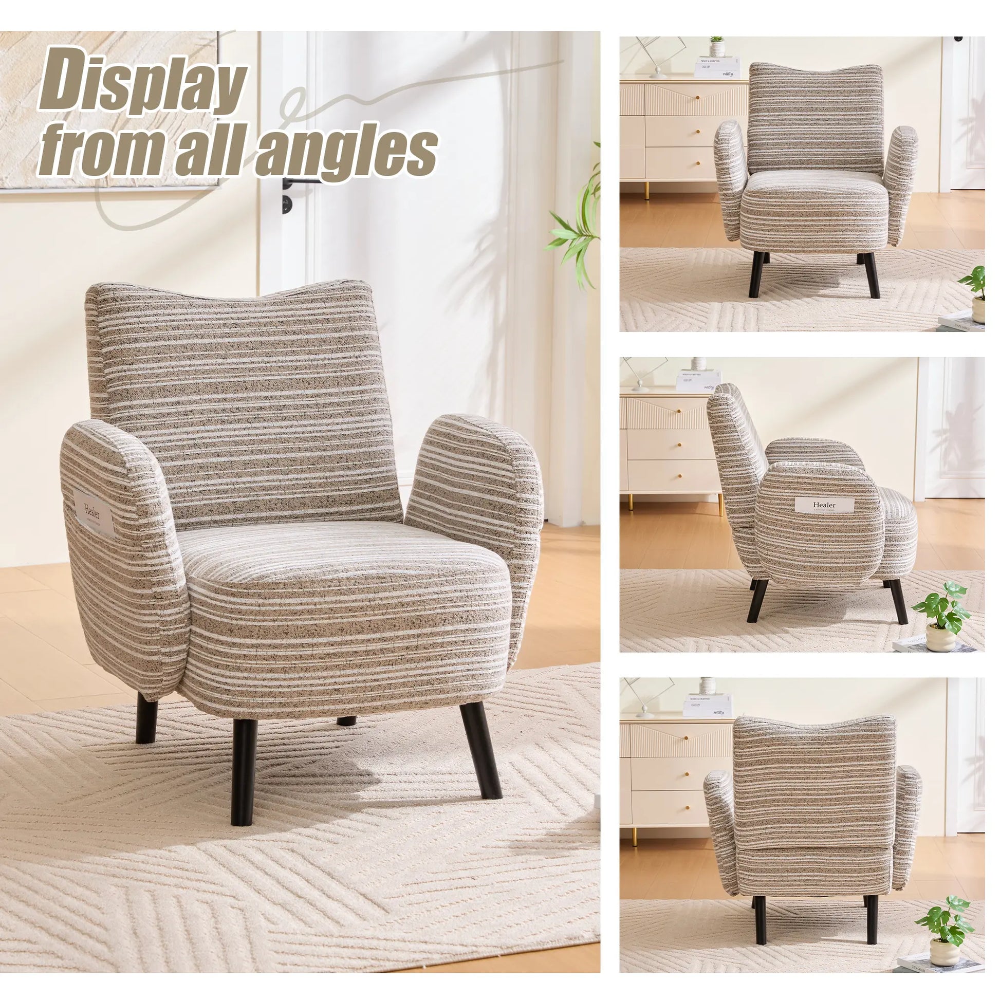 Chic Boucle Fabric Armchair with Convenient Side Pockets and Sturdy Wood Legs - Ideal for Living Room and Bedroom Comfort